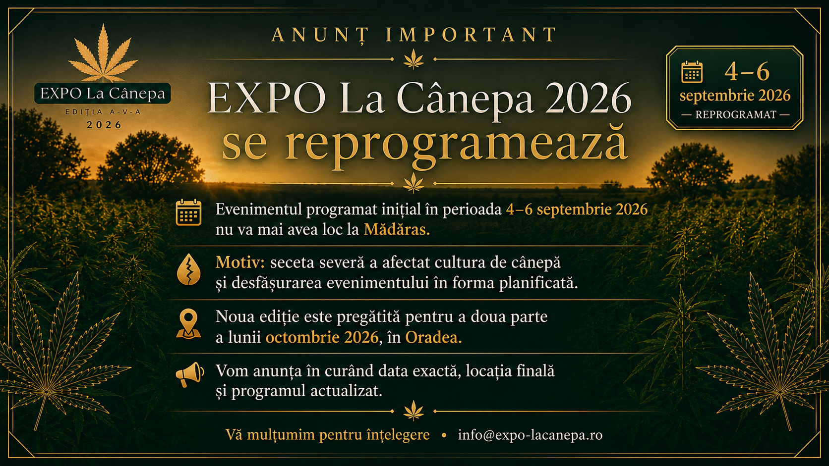 ChatGPT Image Aug 26, 2026, 02_47_23 PM (1) EXPO La Cânepa 2026 se reprogramează pentru octombrie 2026, Oradea, format indoor